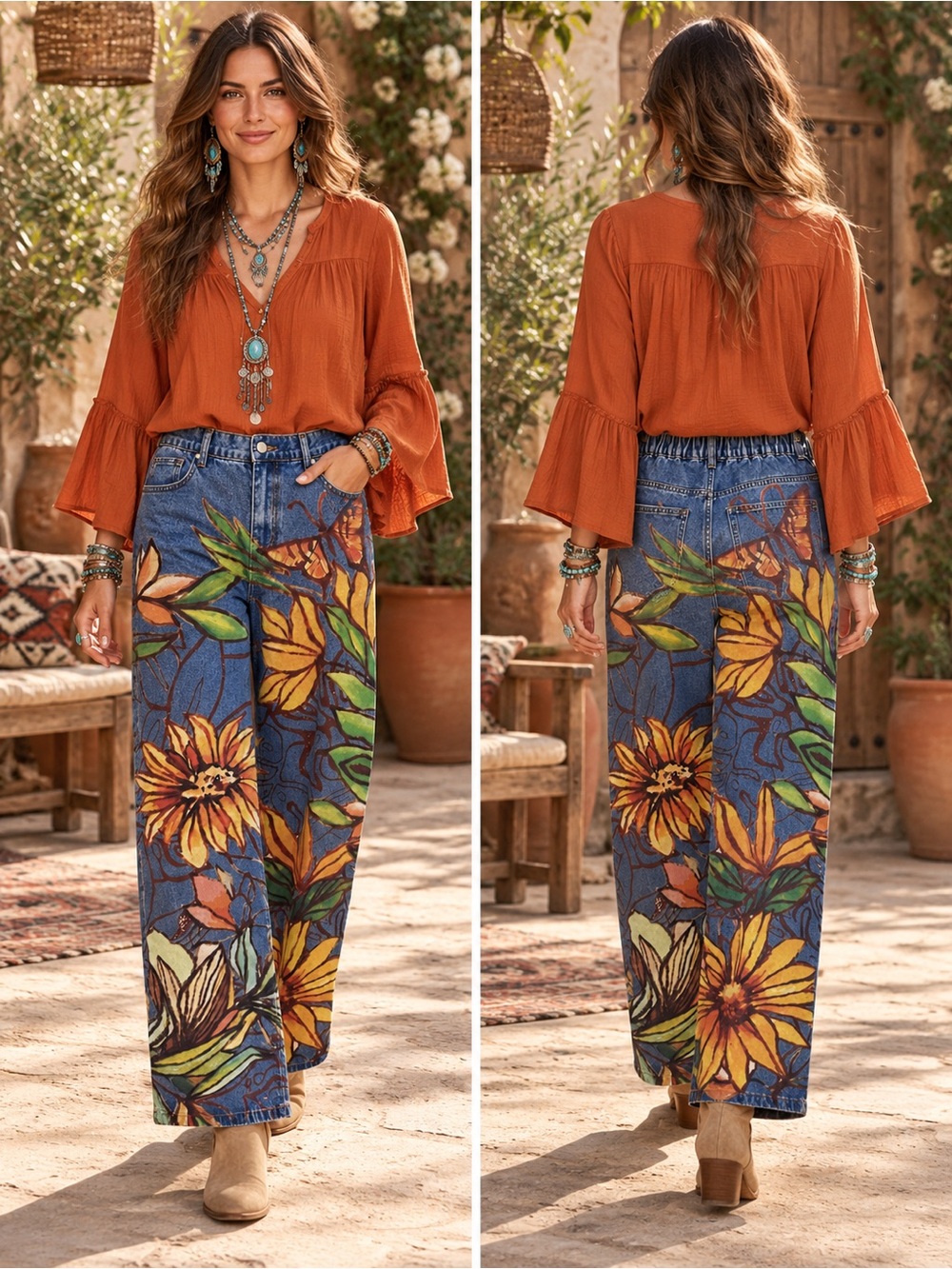 H016 New Oli & Hali M to L w15-19 Floral Painted Print Blue Denim Jeans Pants